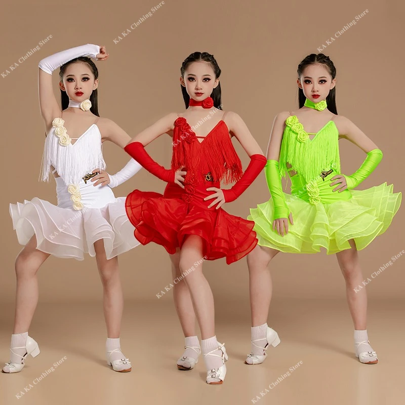 

Юбка с бахромой, детское платье для латинских танцев, румба, самба, платья для соревнований по бальным танцам для девочек, одежда для занятий латинскими танцами, детская одежда