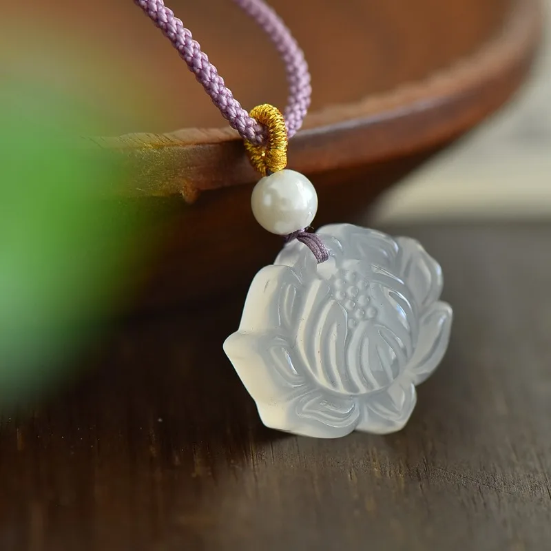 High Ice Chalcedony Lotus Pendant, Good Luck Pendant for Men and Women