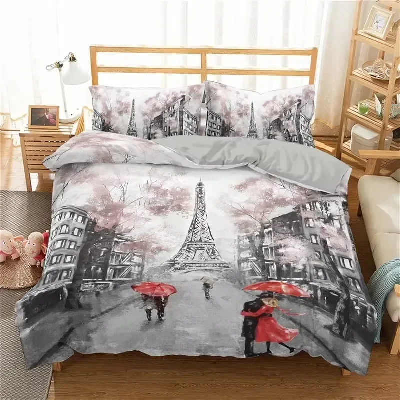 

3D Print Eiffel Tower Romantic Couple Flower 3D Duvet Cover Bedding Set Comforter Linen Pillowcases Home Decor Twin King Queen