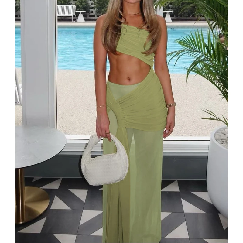 Zeyla Chic Women's One Shoulder Cutout Top&Slit Skirt Set Sexy Slim Fit Two-Piece Outfit Autumn Party Evening Clubwear Dress Set