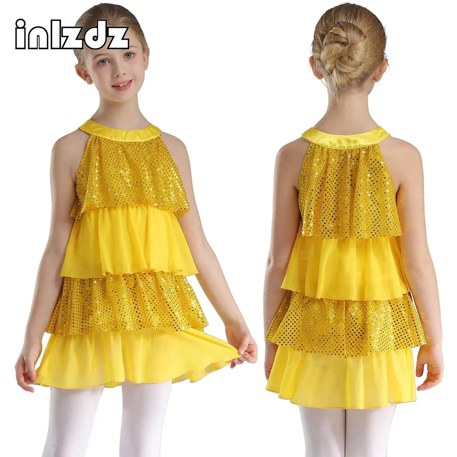 

Kids Girls Modern Jazz Latin Dance Performance Costume Shiny Sequins Tiered Ruffled Dress Sleeveless Dress for Stage Show Party
