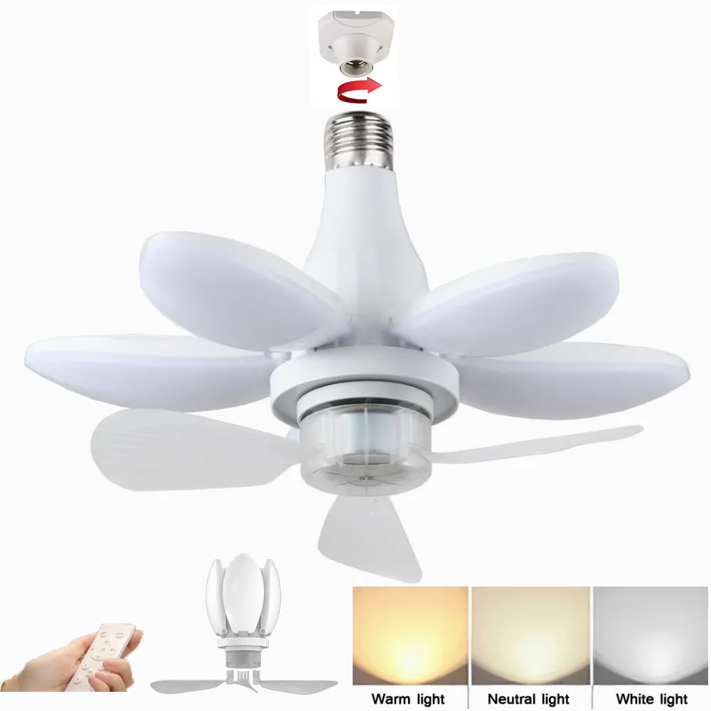 

E27 Socket Fan Light Ceiling Fans with Lights & Remote 3 Light Modes LED Foldable Fan Light Bulb for Bedroom Kitchen Living Room