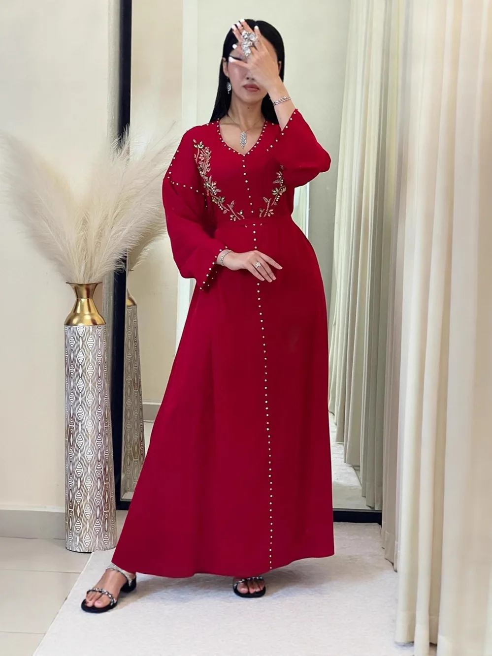 Teal Muslim Abaya with Stand Collar and Exquisite Floral Embroidery Ideal for Islamic Festivities and Ramadan Celebrations 6