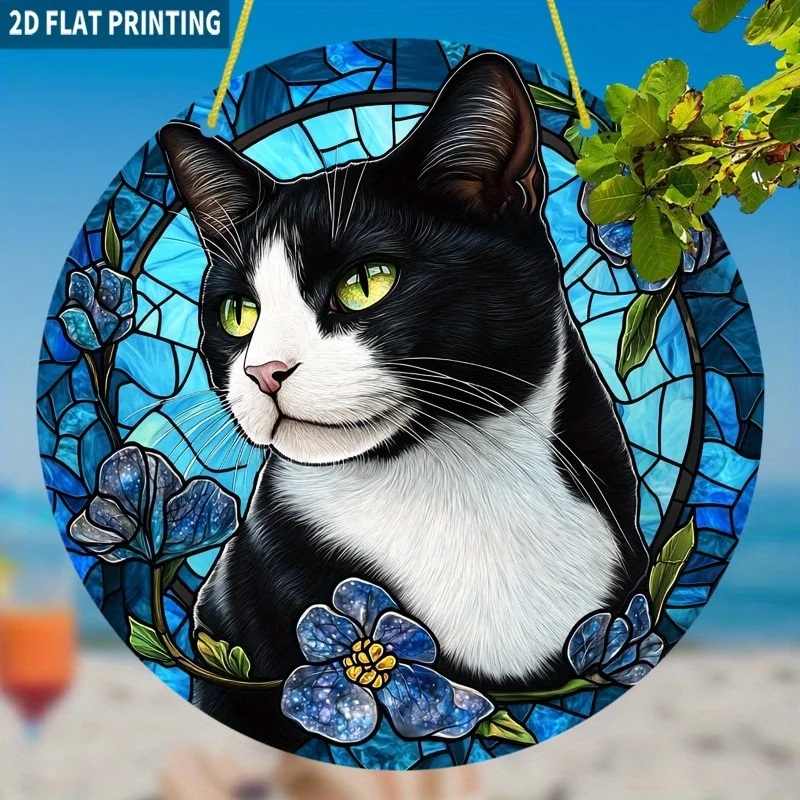 2D Flat, 1pc Elegant Tuxedo Cat & Blue Flowers Sun Catcher - 19.99 cm Round Acrylic Window Hanging Decor, Stained Glass-Style Ar