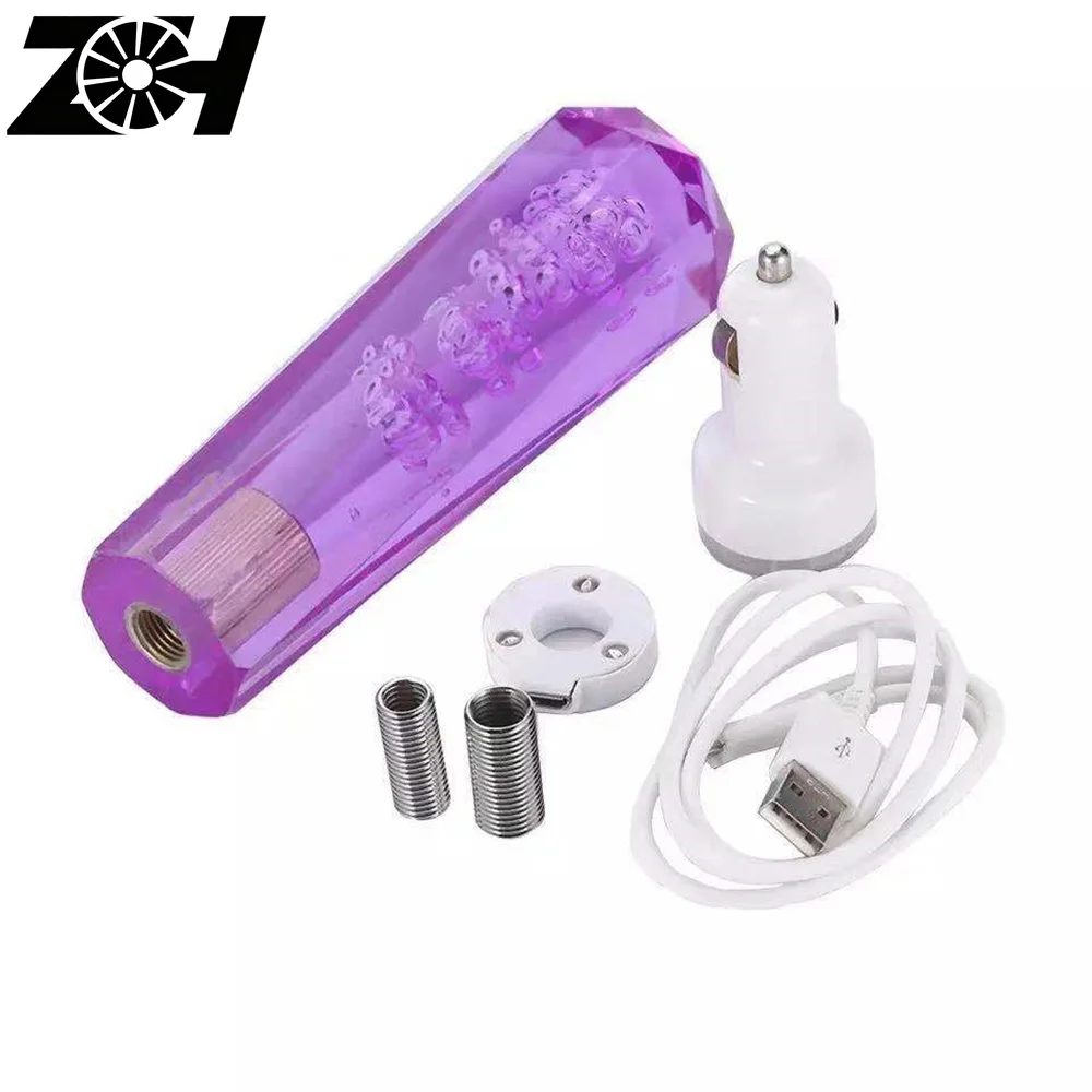 15cm Car Purple Bubble Styling Gear Shift Knob Transparent Manual Diamond Crystal Shifter Cover Led Holder