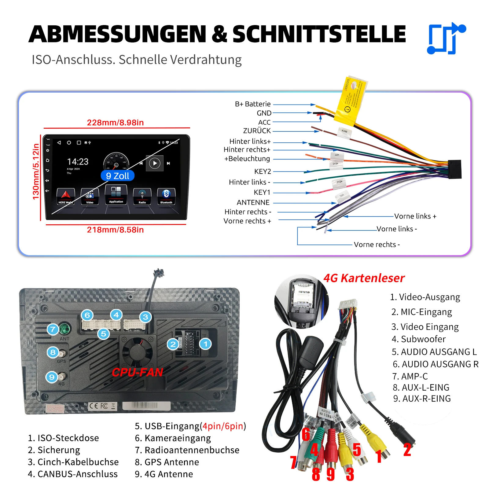 ESSGOO Autoradio 7"/9"/10" 2 DIN 8-Kern Android14 6+128 GB Kabelloses CarPlay Android Auto GPS-Navigation Bluetooth AM FM RDS WiFi QLED Touchscreen 4G LTE Mirror Link Lenkradsteuerung – Detail 25