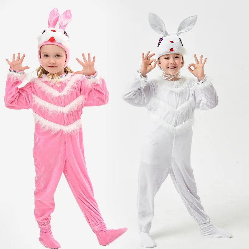 

Pink Bunny Costume Set for Kindergarten Kids - Cartoon White Rabbit Dance Outfit with Matching Parent-Child Performance Wear