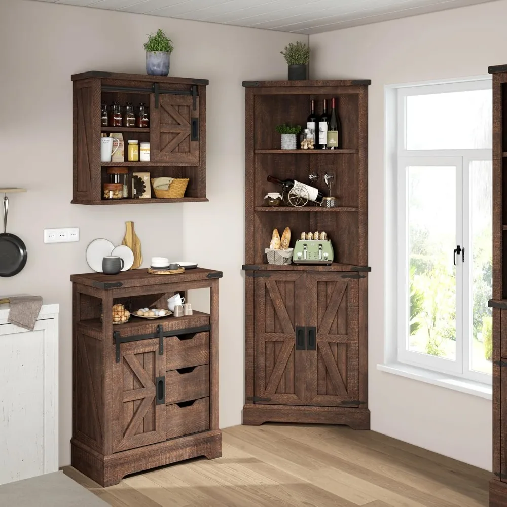 

68" H Farmhouse Corner Cabinet with Barn Door Design,Wall Corner Cabinet with Adjustable Shelves for Bathroom, Living Room,Recl