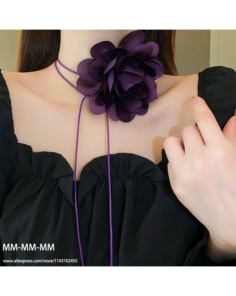 MM  Long Rope Fabric Flower Choker Necklace For Women Multipurpose Exaggerated Romantic Chains Necklaces Neck Accessories