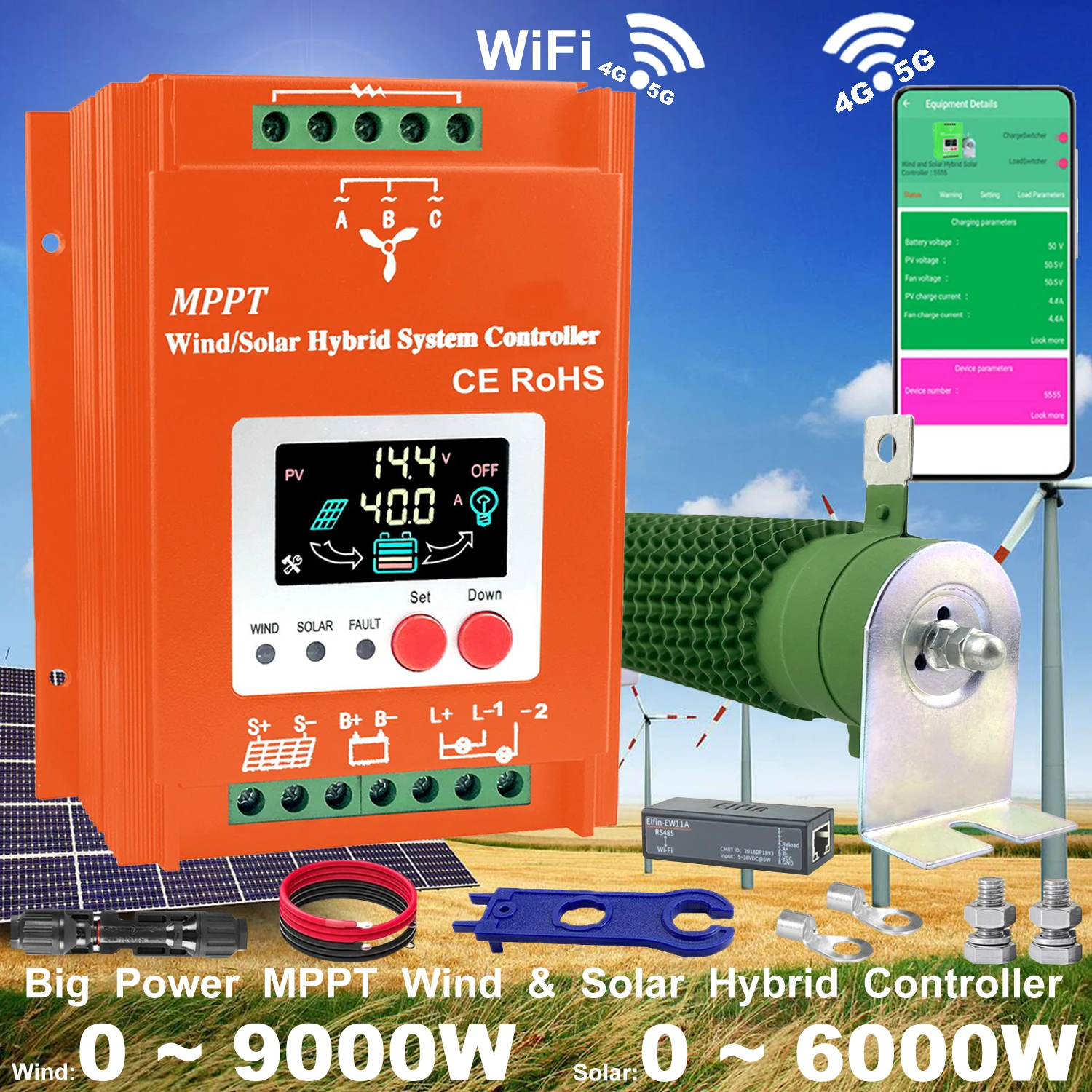 4000W 12V 24V 48V MPPT Upgraded Hybrid Solar Controller Wind Turbine With Built-In WiFi Lifepo4 Full Battery ,With LED Display