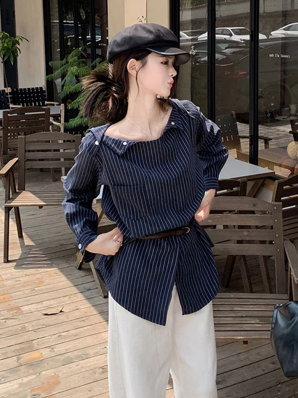 

plus Size Women's Striped Long Sleeve Shirt Turn-down Collar One-Shoulder Anti-wrinkle American Style Autumn Top Casual Shirt