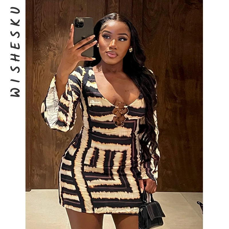 Sexy Stripe Print Zebra Print Bodycon Mini Dress Women Long Sleeve Cut Out Sundress 2024 Spring Fall Beach Lolita Y2K Clothes