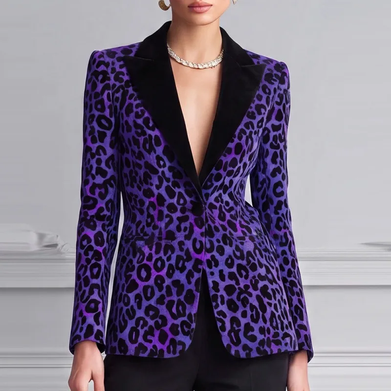 The New Leopard Print Suit Jacket Cross-border Trade Autumn Winter Casual One-button Suit for Women Fashionable Simple Elegant