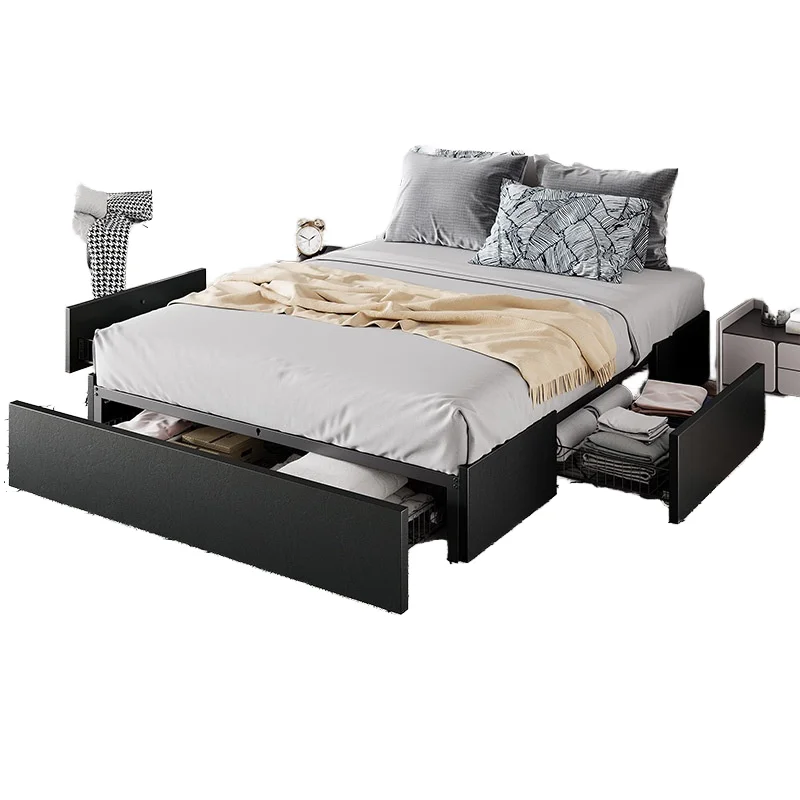 #Cross-Border Exclusive Light Luxury Double Bed Frame with Storage Drawer Fabric Iron Bedroom Set & Sofa Bed