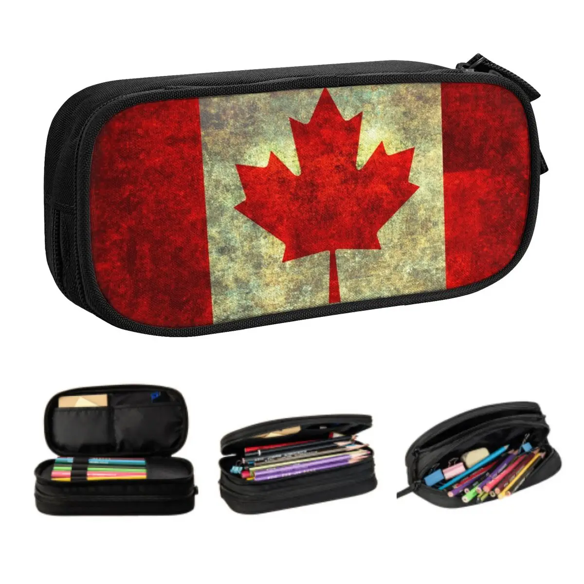 Customized Cute Flag Of Canada Pencil Case for Boy Girl Large Storage Canadian Flag In Heavy Grunge Pencil Bag Stationery