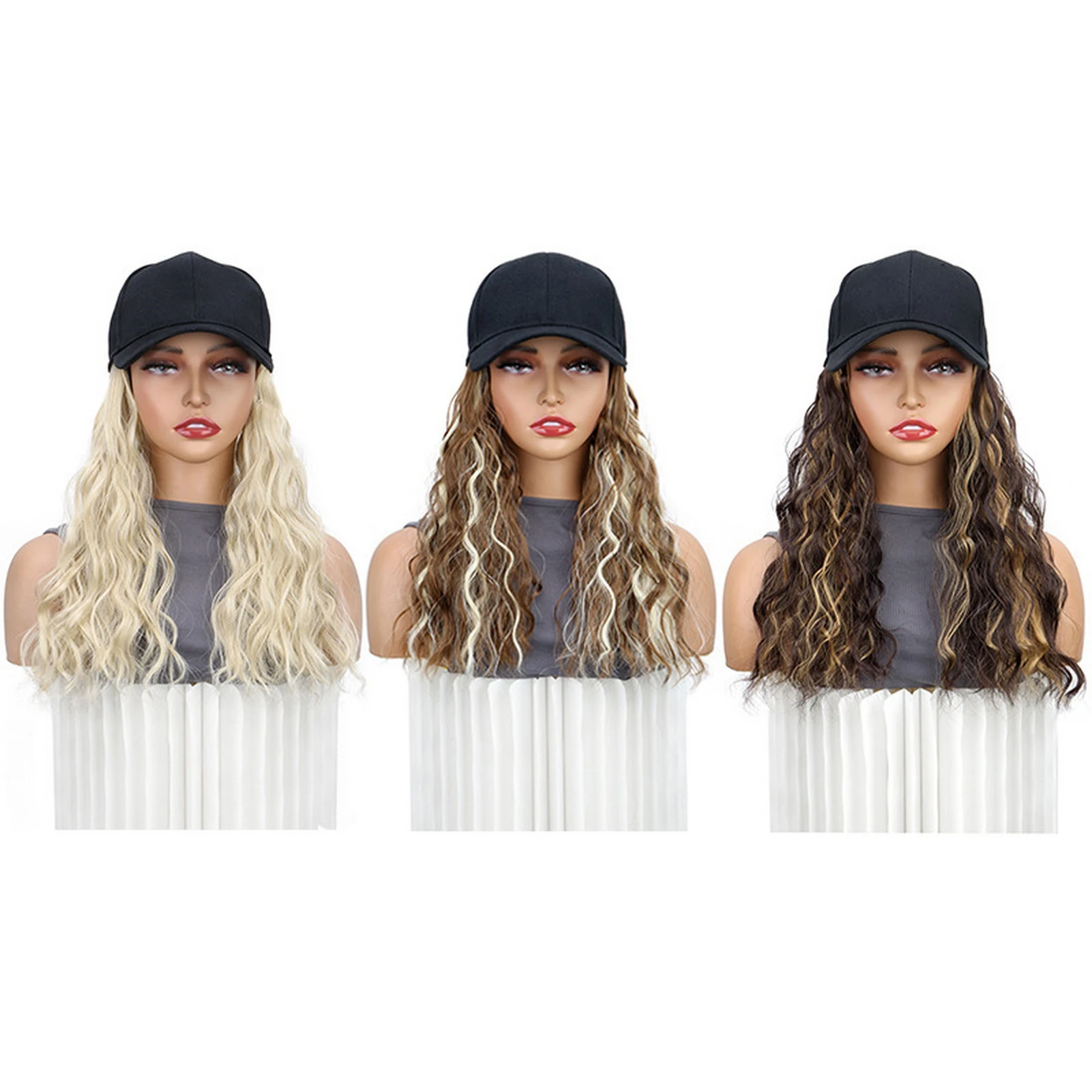 Boné de beisebol peruca de cabelo sintético ondulado de 18 polegadas com penteado moderno para mulheres festa ao ar livre uso diário
