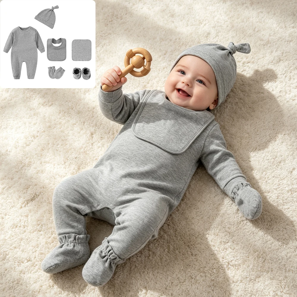MNewborn Baby 8Pcs Cotton Clothing Set Long Sleeve Romper Knot Hat Bib Burp Cloth Mittens Booties Infant Gift Outfit 0‑3M 6M 9M