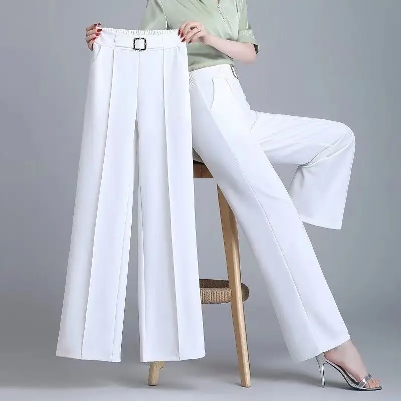 Moda elegante escritório senhora cinto terno reto calças femininas 2023 primavera verão cintura alta bolsos todos os jogo ampla perna calças 4xl