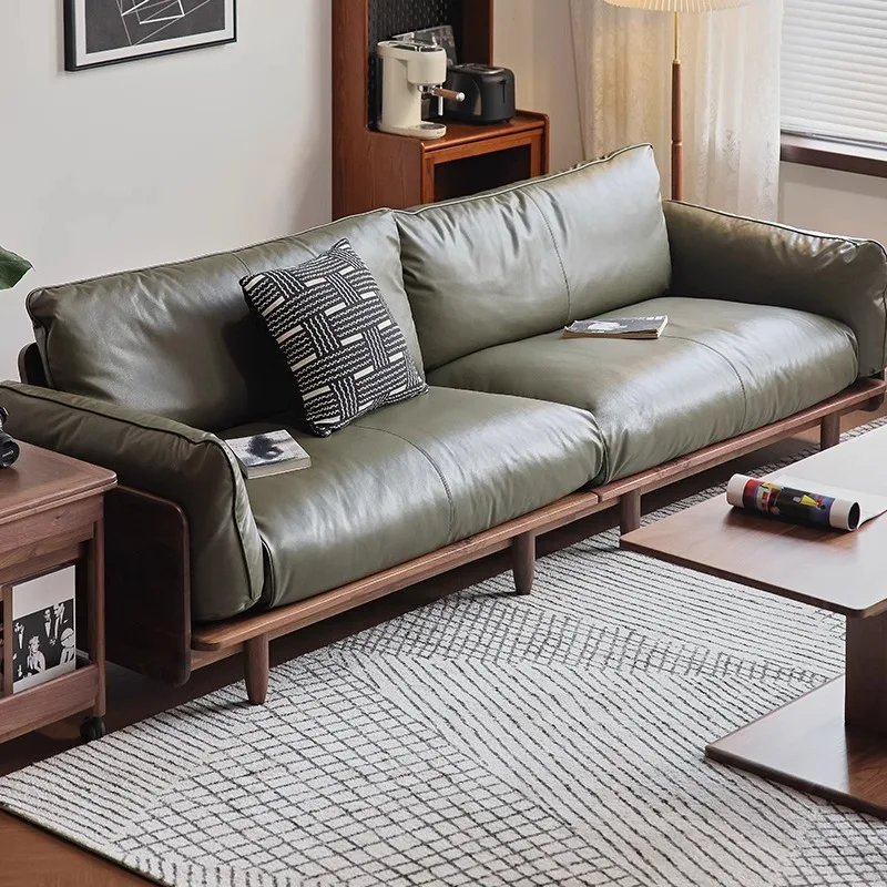 North American black walnut solid wood sofa living room small apartment household leather sofa log straight row four people