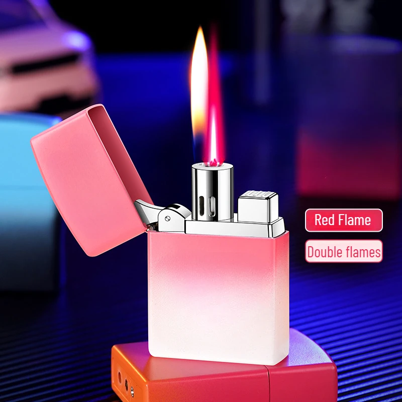 

New Trendy Charm Gradient Color Double Fire Windproof Red Flame Lighter Fun Pattern Men's Smoking Small Tool Smoking Accessories