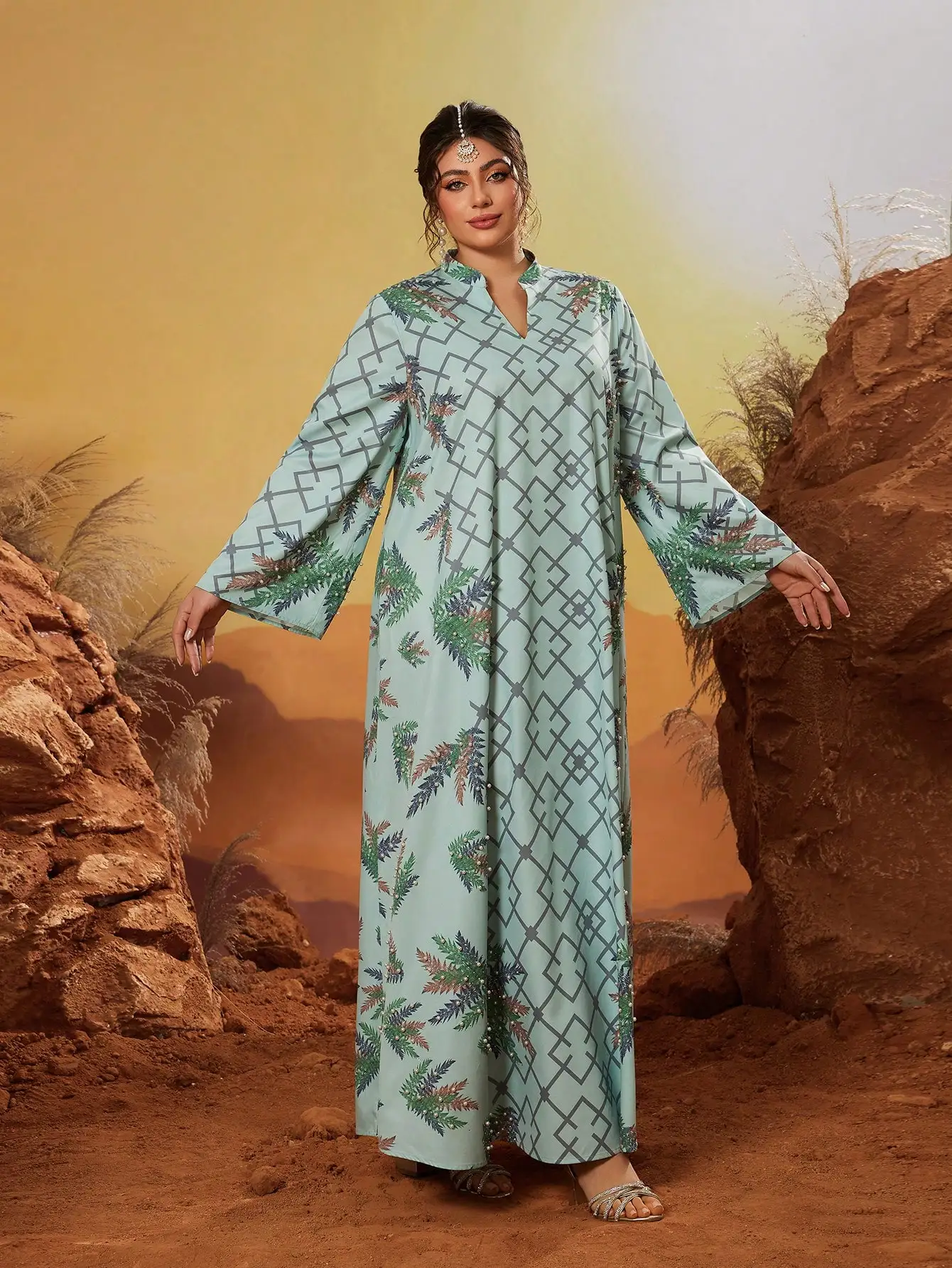 ラインストーンとビーズプリントが施された、新しいエレガントなスタンドカラーのブルカ、長袖の緑色の中東風ガウン