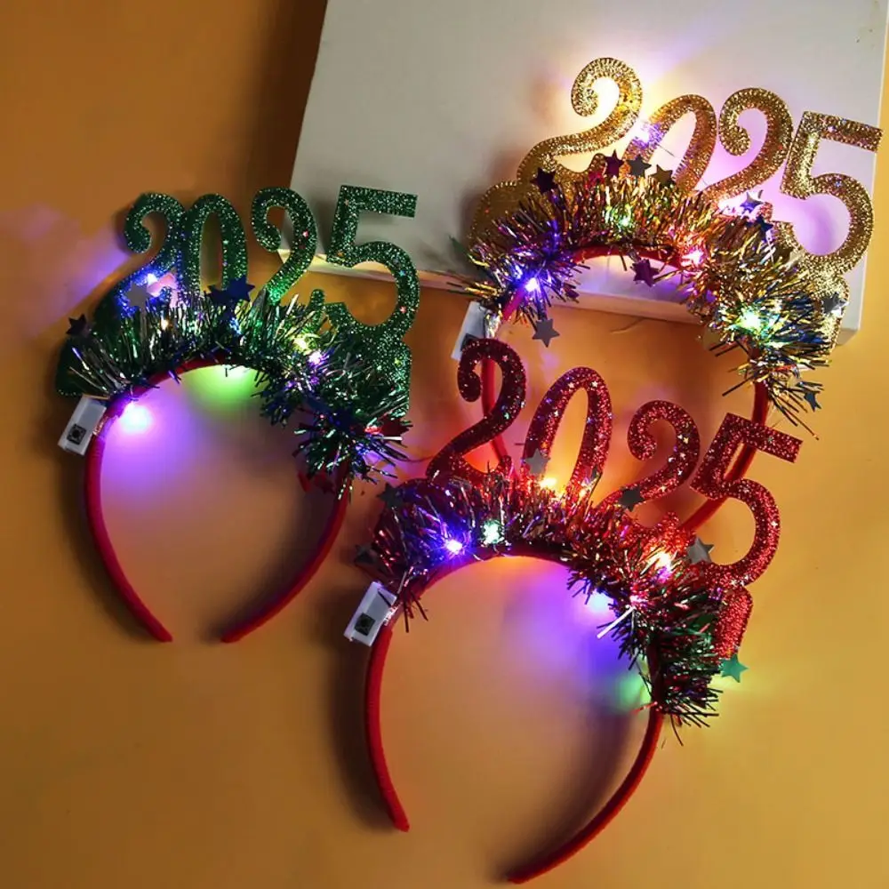 Sequin 2025 Happy New Year Headband Number Letter Crown Hair Hoop LED Glow Christmas Headpiece Masquerade Party