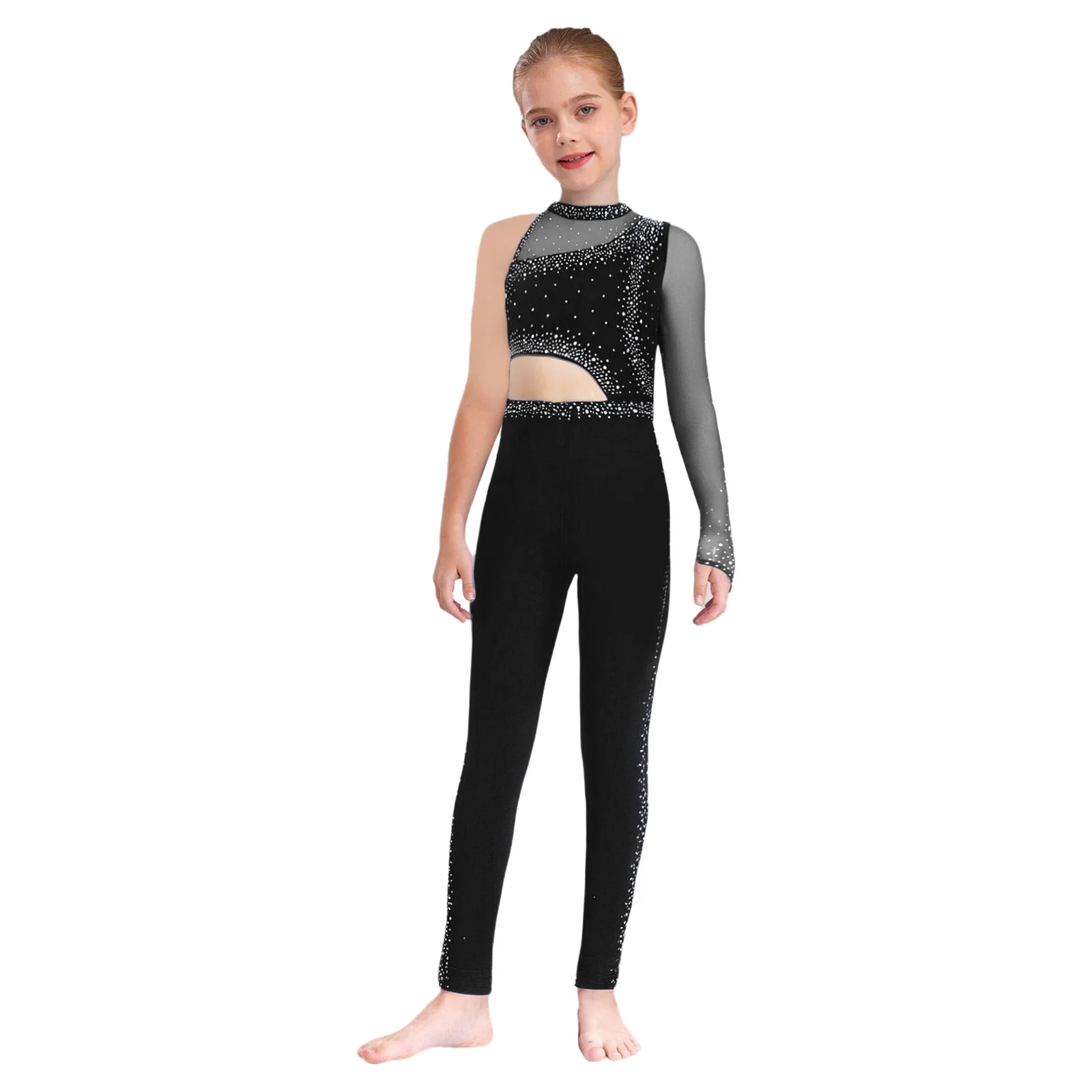Kids Girls Gymnastics Leotards Figure Skating Ballet Dance Costume Sheer Mesh Sparkly Rhinestones Full Body Leotard Jumpsuit