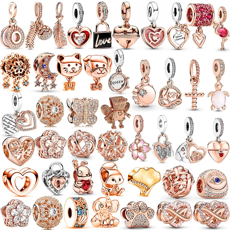 New Rose Gold Sparkling Star Flower Heart Charm Beads Pendant For Pandora Bracelets Necklaces Jewelry Accessories Gifts