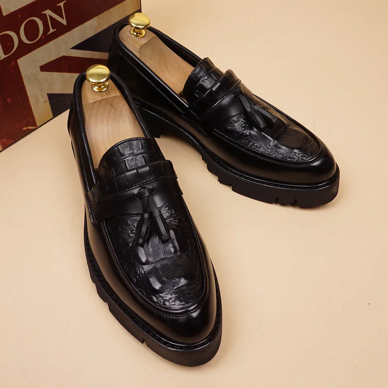 

Korean style mens fashion natural leather shoes slip-on driving tassels shoe party nightclub platform loafers stylish footwear