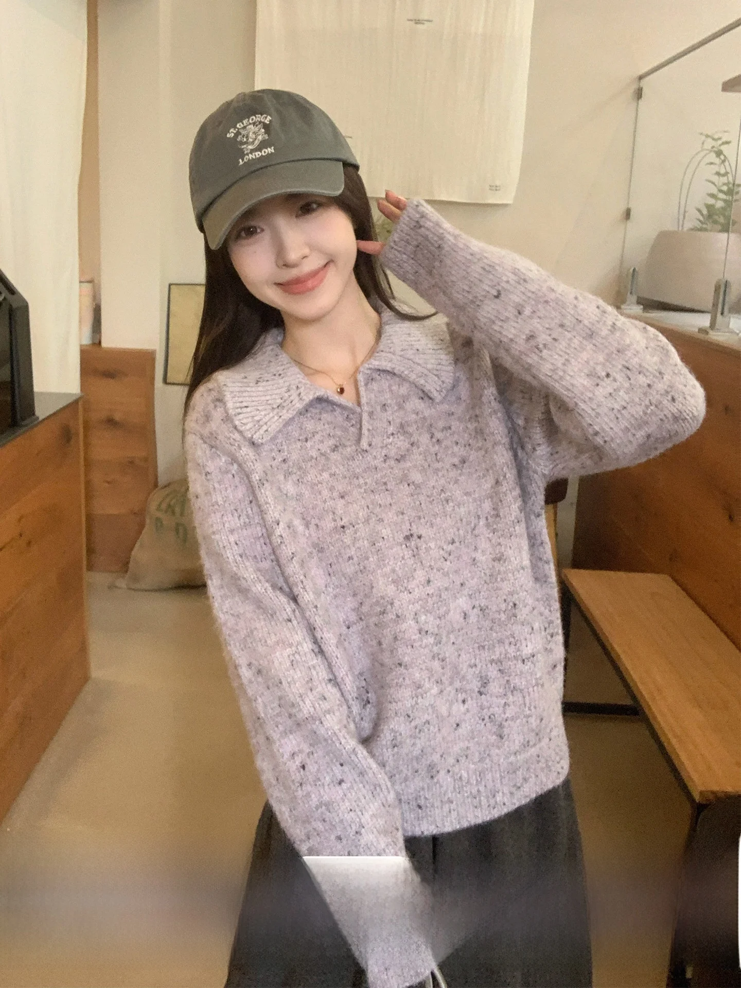 

Morning Bloom Women's Knitted Sweater Loose Thiened Flip Collar Long Sve Warm Casual Sle Korean Faion Soft Fabric