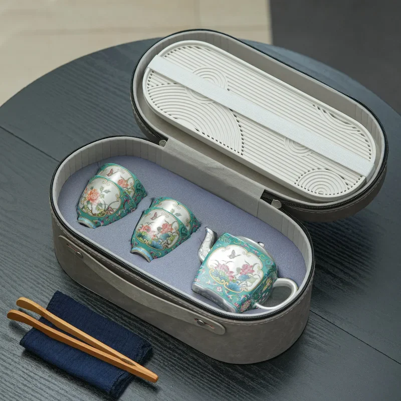 Unique Camping Tea Ceremony Set Luxury Tea Tools Gilt Silver Tea Set Enamel Kung Fu Tea Set Teapot One Pot Four Cups Gift Box