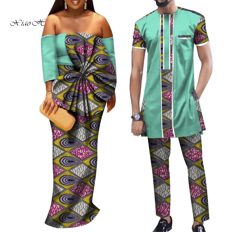 

African Dresses for Women Bazin Riche Mens Shirt and Pants Sets Lover Couples Clothes Print Long Dress African Clothing WYQ290