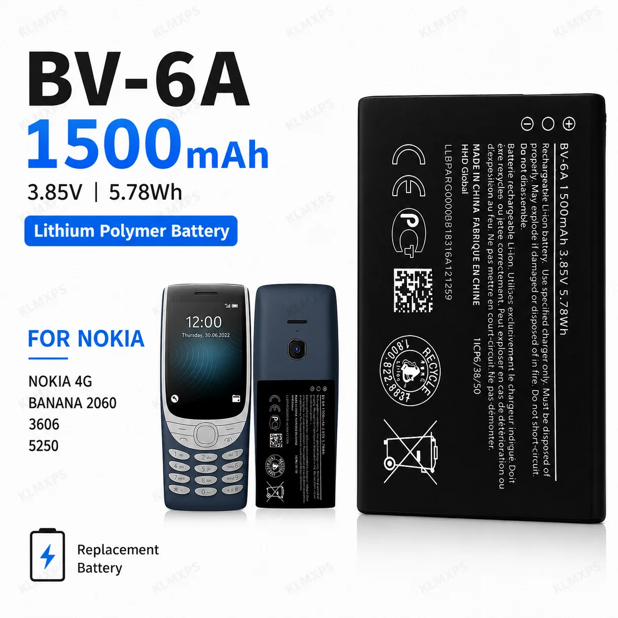 BV-6A Battery 1500mAh 3.85V Lithium Polymer Rechargeable Mobile Phone Replacement Battery for Nokia 5250 3606 2060