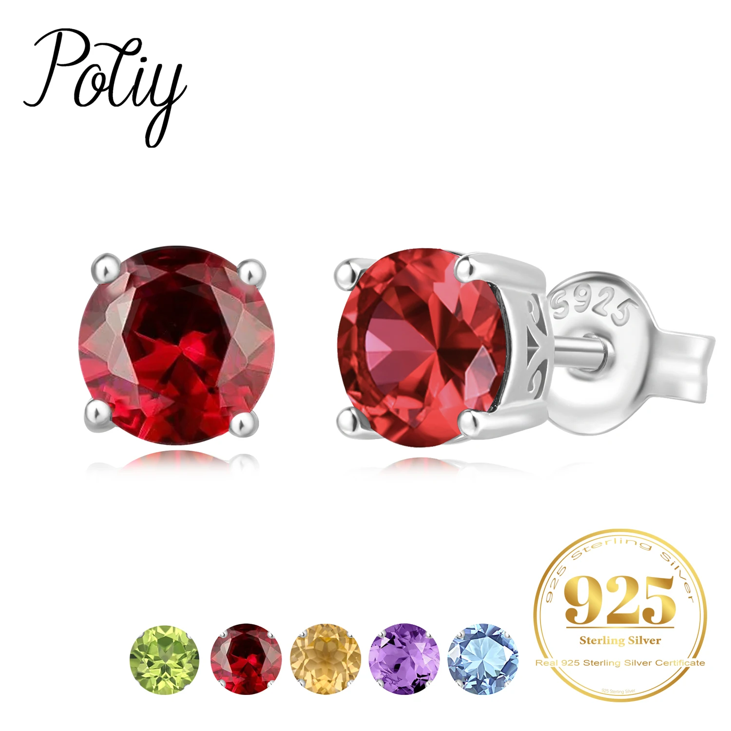 Potiy Natural Round 1.95ct Amethyst Garnet Peridot Sky Blue Topaz Citrine Stud Earrings 925 Sterling Silver Women Birthstones