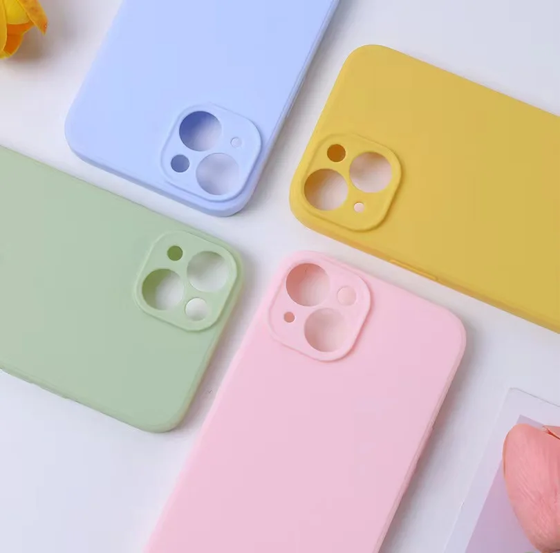 Funda de silicona líquida para iPhone 13 mini 14 15 Pro Max 15 Plus, cubierta trasera suave de color caramelo. 5