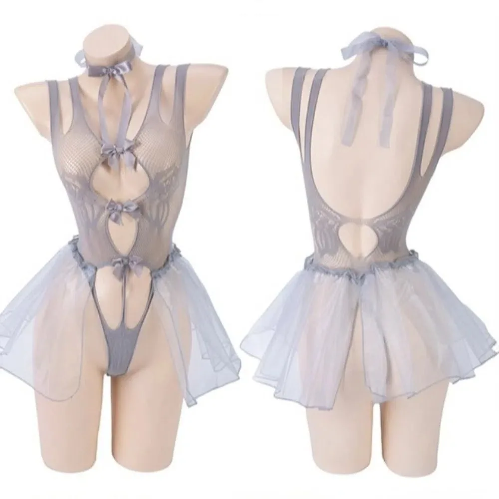 

With Wearing Stockings Sexy Clothing Lace Skirt Nightgown Transparent Bow Deep V Lace Skirt Nightdress Sleeveless