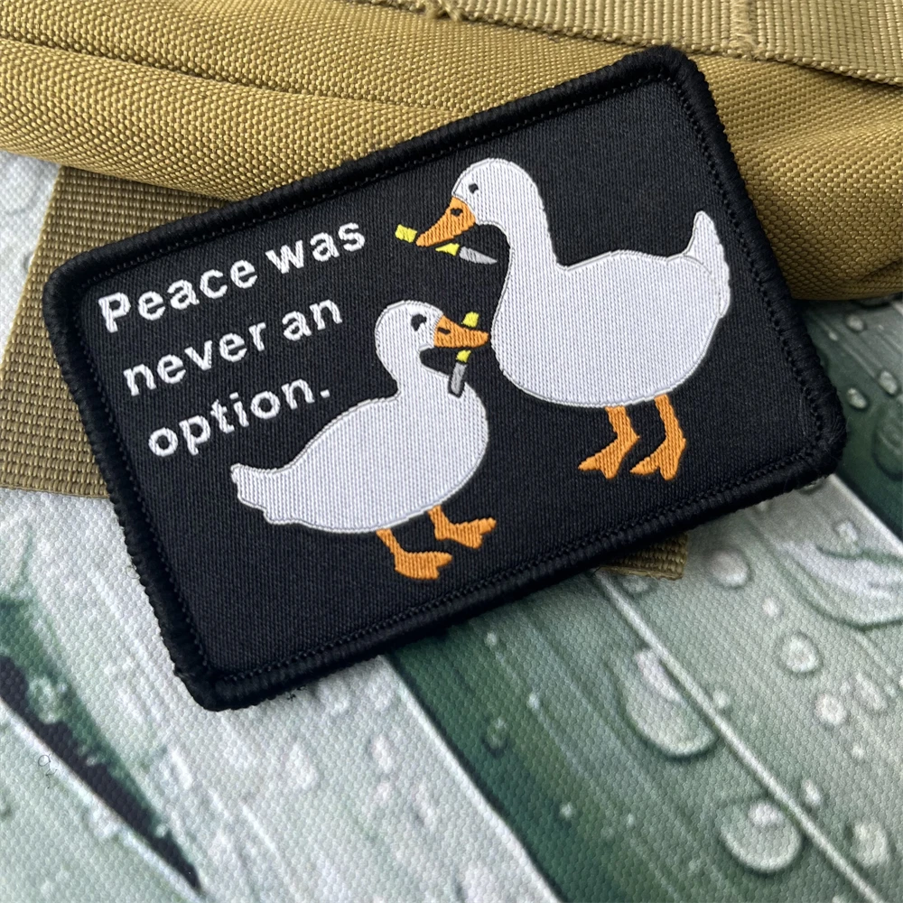 

Peace Was Never An Option Tactical Patches Duck Morale Badge Backpack Decoration Hook and Loop Weaving Label Stickers