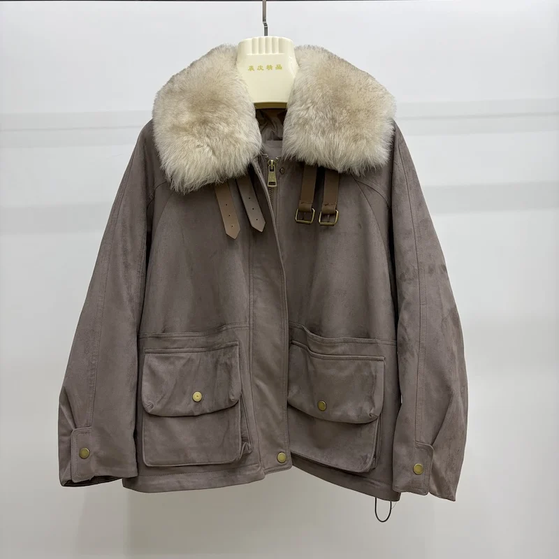 Women Oversized Loose Parka Real Shearling Fur Collar Goose Down Liner Winter Coat Big Pockets Drawstring Hem Warm Outerwear