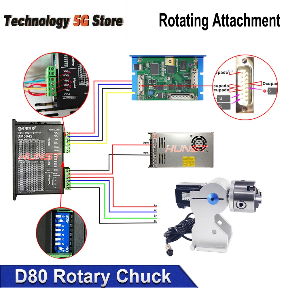 

Rotary Attachment D80 Rotary Device with Three Chuck +DM5042 Driver for UV CO2 & Fiber Laser Marking Machine