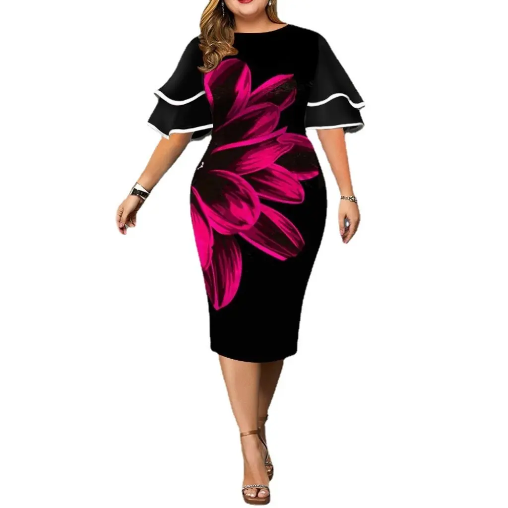 

plus Size Women's Digital Print Bodycon Dress Flying Sleeve Style Extra Large Fashion for plus Size Women