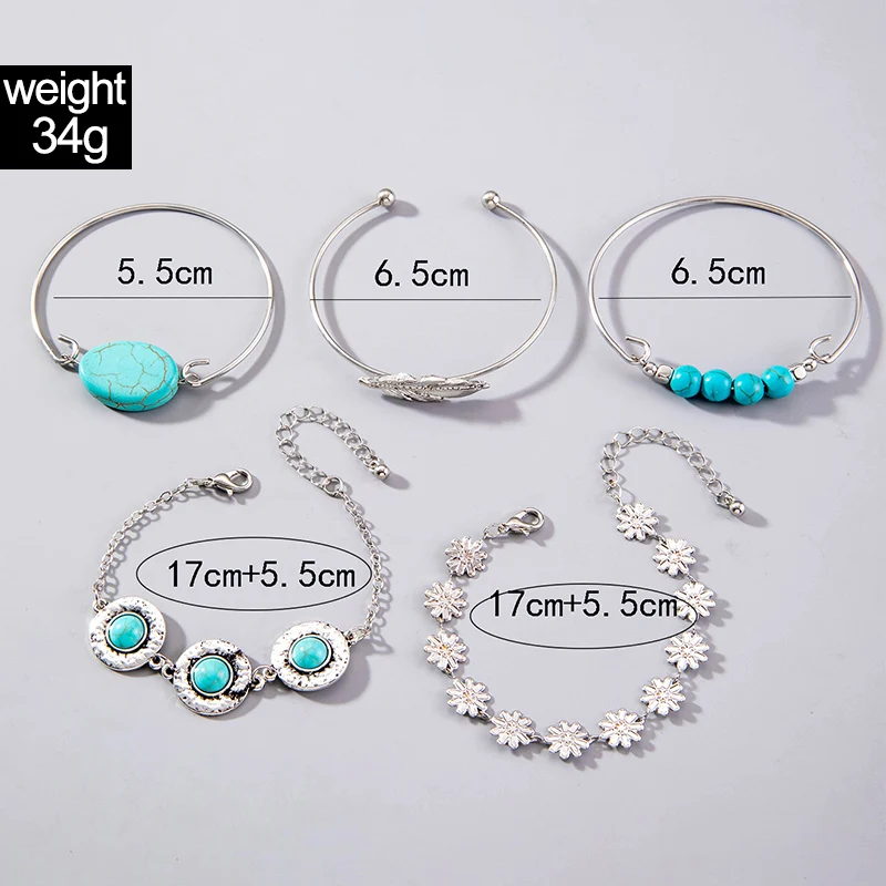 Tocona5 PCS Retro Metal Leaf Bracelet Set with Geometric Irregularities and Adjustable Jewelry Suitable for Women's Gifts