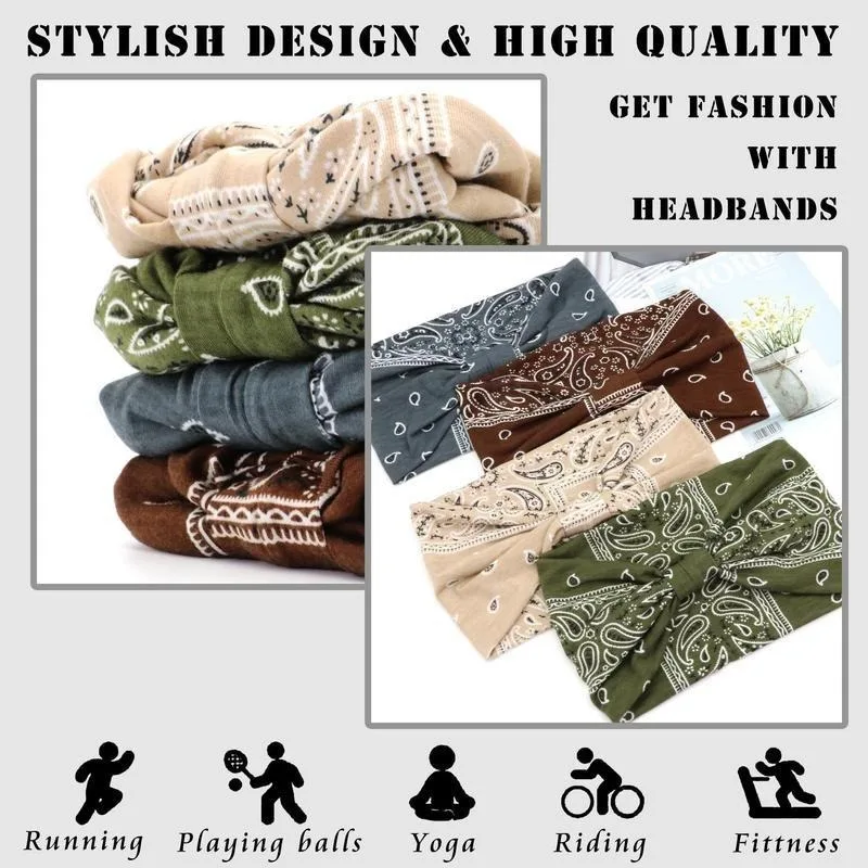 Boho Headbands for Women Vintage Paisley Wide Hairbands Large African Headwrap Elastic Non Slip Workout Sports Head Band Knotted Thick Turban Cotton Bandanas for Hair Accessories 4Pcs - view 5