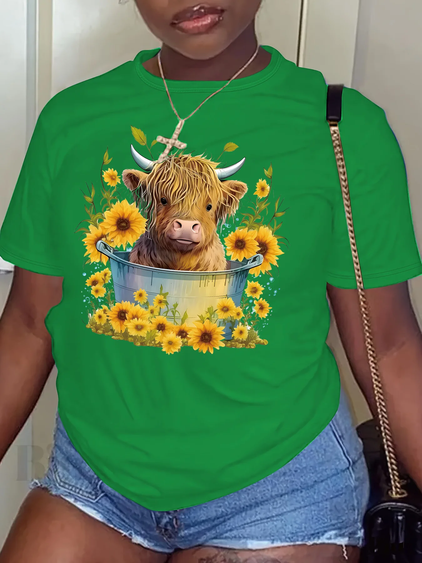 Plus Size Frauen Kleidung Sommer lässig kurz ärmel ige O-Ausschnitt T-Shirt gedruckt Grafiken Cowhead Sonnenblume plus Größe T-Shirt