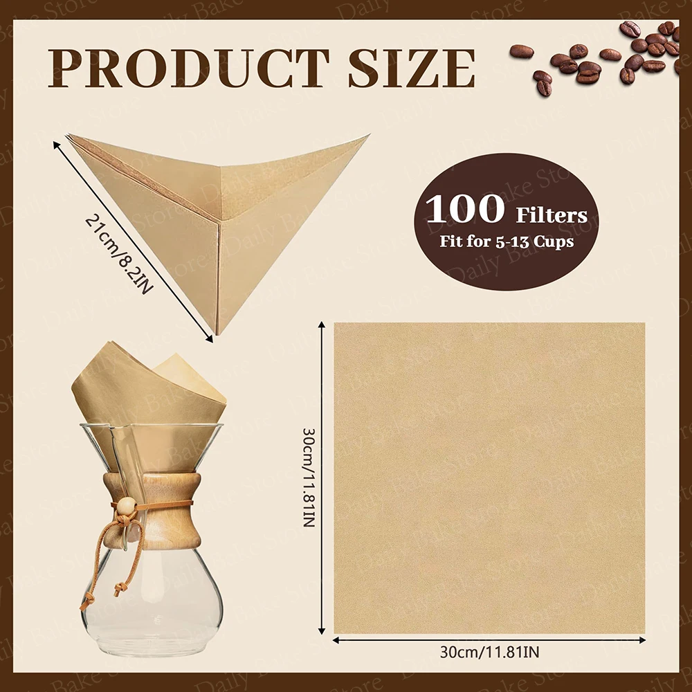 Pre-Folded Cone Coffee Filters for Chemex Pour-Over Coffee Makers, Natural Unbleached, 30x30cm Coffee Paper Filter Fit 5-13 Cups