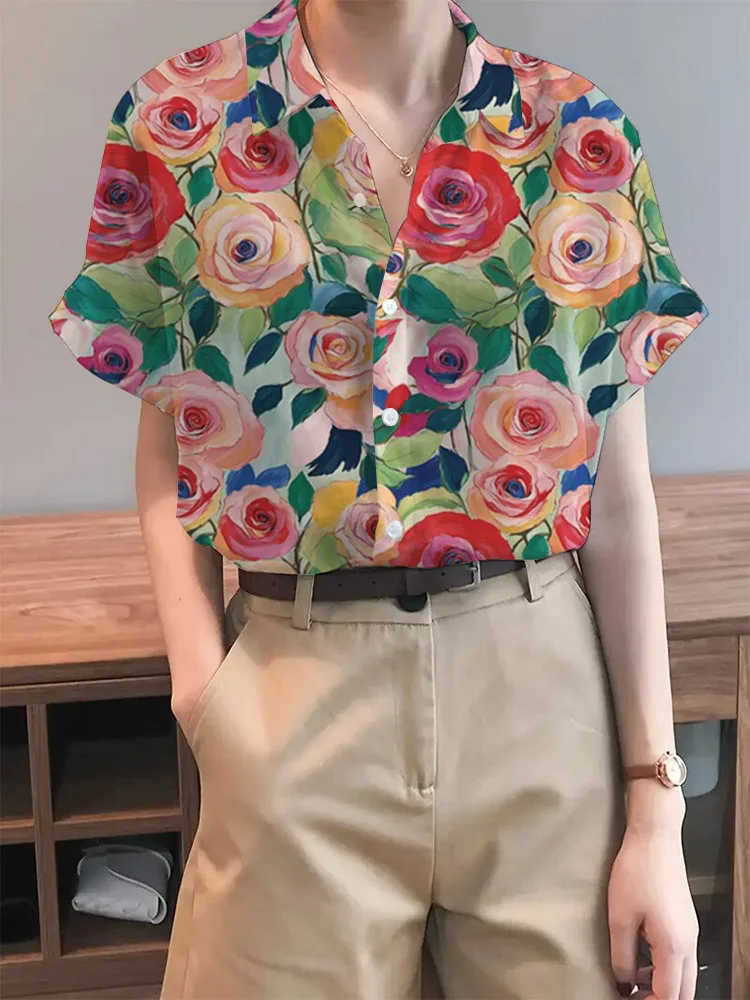 Quietly Elegant Women\'s Shirt  Floral Print Blouse Women\'s Summer Clothes Blouse Short Sleeve Button Shirts & Blouses Top