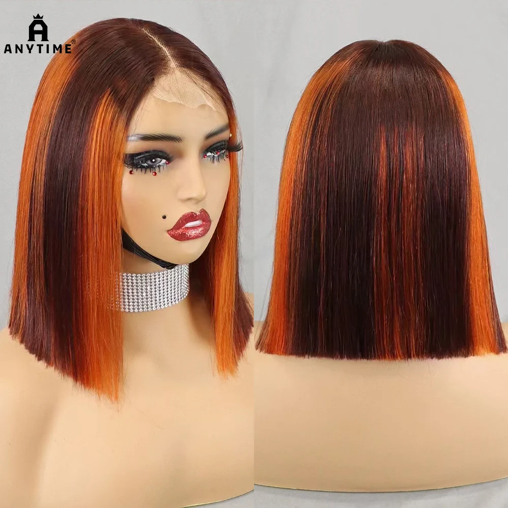 Glueless Double Drawn 12A 350% Density Bone Straight Bob Human Hair Wig Highlight Ombre Hair 2x6 HD Lace Closure Frontal Wigs