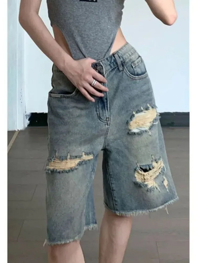 

HOUZHOU Trashy Y2k 2000s Jeans Shorts Vintage Woman Grunge Jorts Korean Style Harajuku Streetwear Ripped Denim Pants Summer