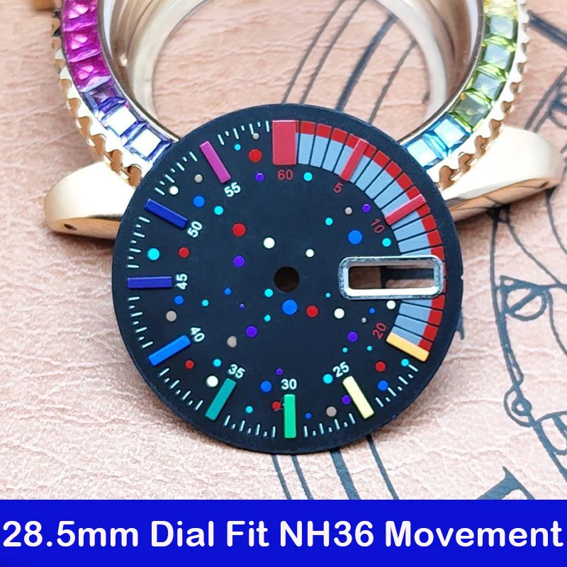 New NH36 28.5mm Watch Dial Green Luminous Multicolor Dial Fit NH36 Watch Faces Automatic Movement Replacement Men‘s Watch parts