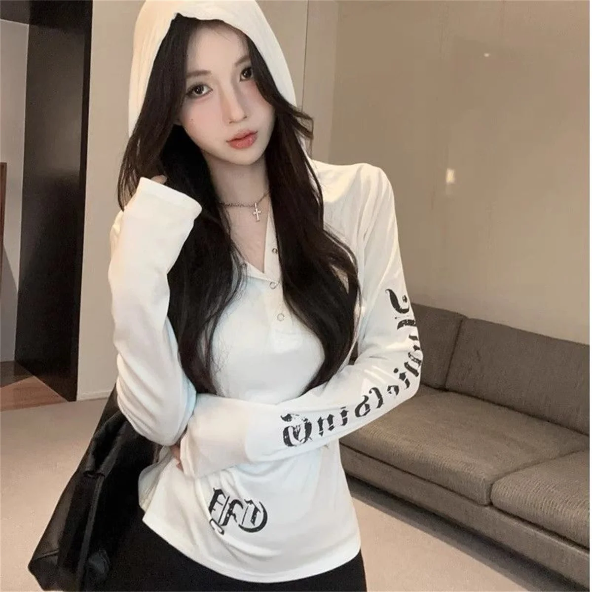 

Y2K винтажный топ в стиле Харадзюку с капюшоном, женские осенне-весенние новые готические рубашки с длинным рукавом и принтом, тонкая сексуальная одежда, уличный шикарный пуловер