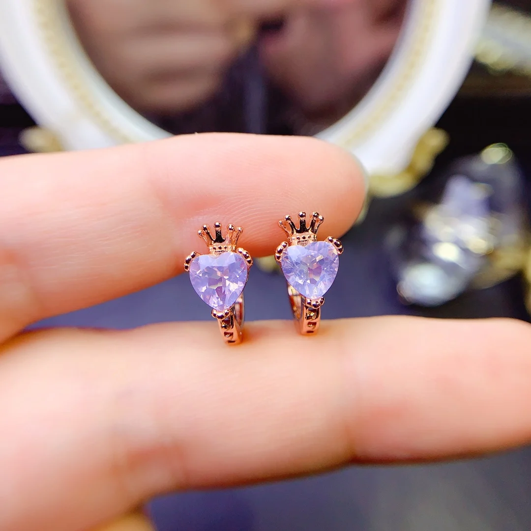 925 Sterling Silver Crown Huggie Earrings With Heart Natural Lavender Amethyst Hoop Earrings Silver Fine Jewelry For Women Gift - view 3